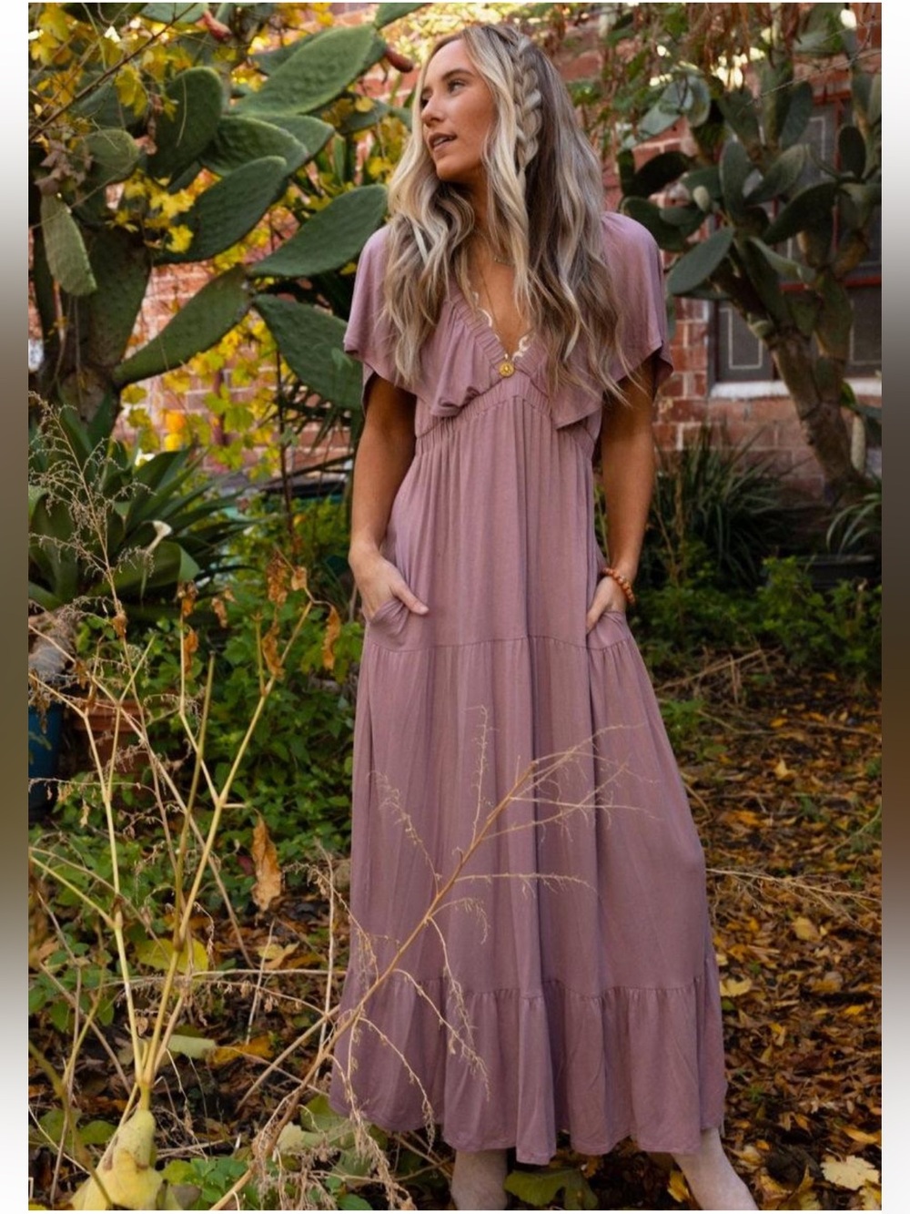 New: Three Bird Nest Mauve “On Repeat” Ruffle Neckline Tiered Maxi Dress• Smal - Picture 4 of 7